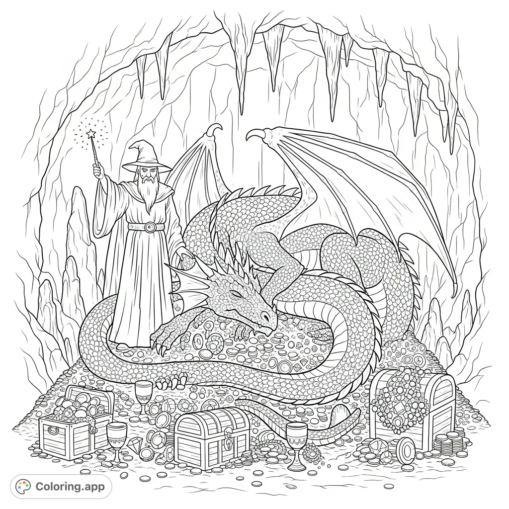 A majestic dragon guards a treasure hoard, watched over by a powerful wizard with a magic wand in this detailed fantasy coloring page.
