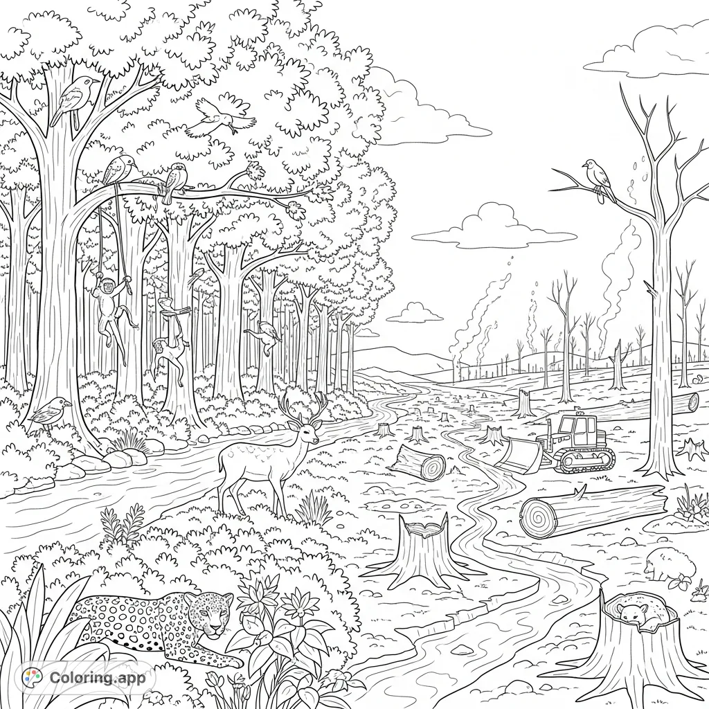 A powerful deforestation coloring page showcasing the devastating contrast between a vibrant forest ecosystem and a barren, deforested landscape with displaced wildlife.
