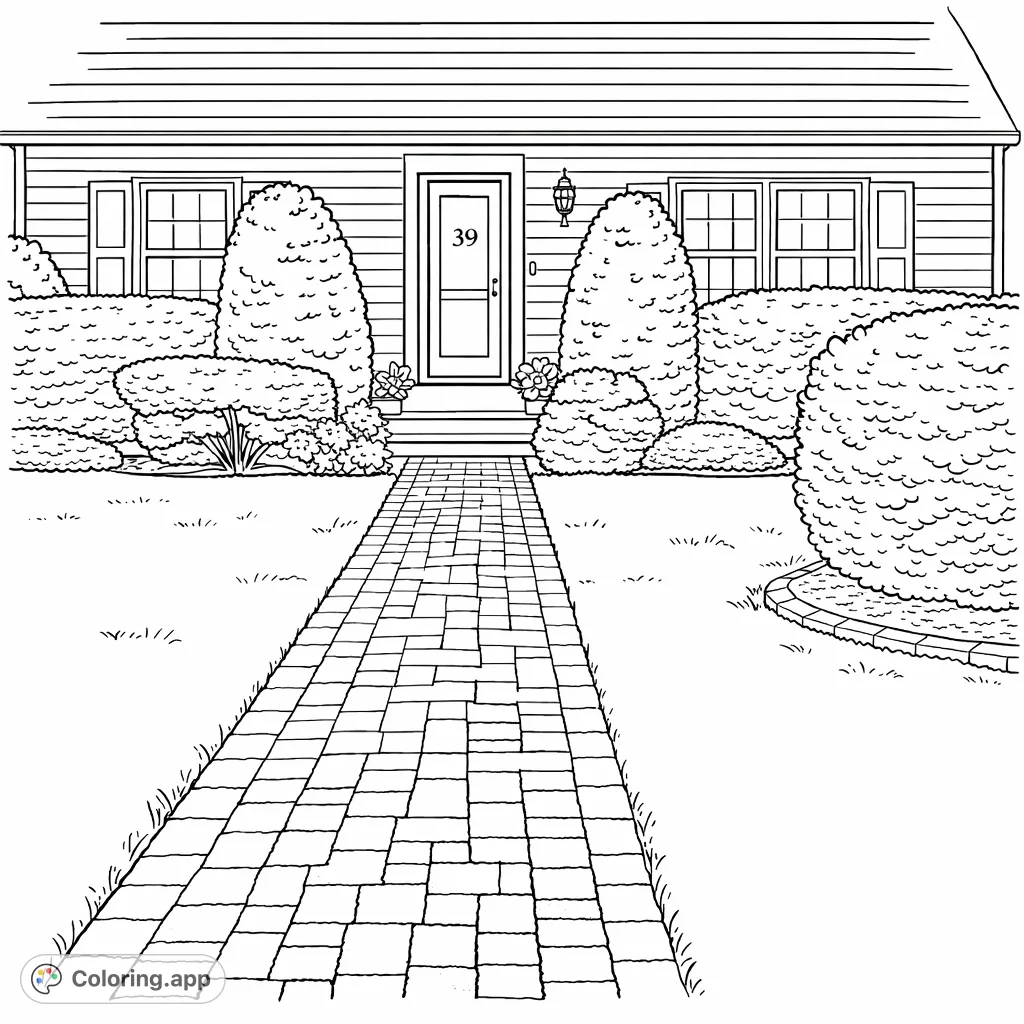 Step into serenity with this charming house coloring page, featuring a welcoming brick path, manicured shrubs, and a cozy entrance. Perfect for relaxation and creativity.