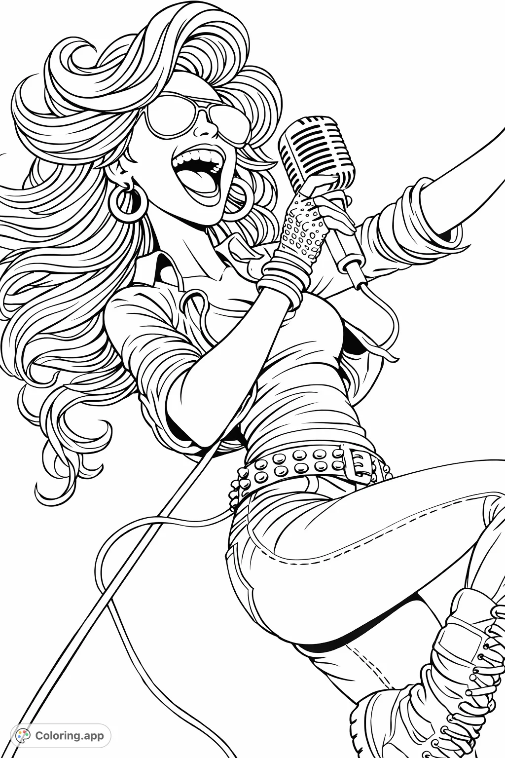 A powerful rockstar sings her heart out, holding a vintage microphone. Dive into this music-themed coloring page and bring her electrifying performance to life.
