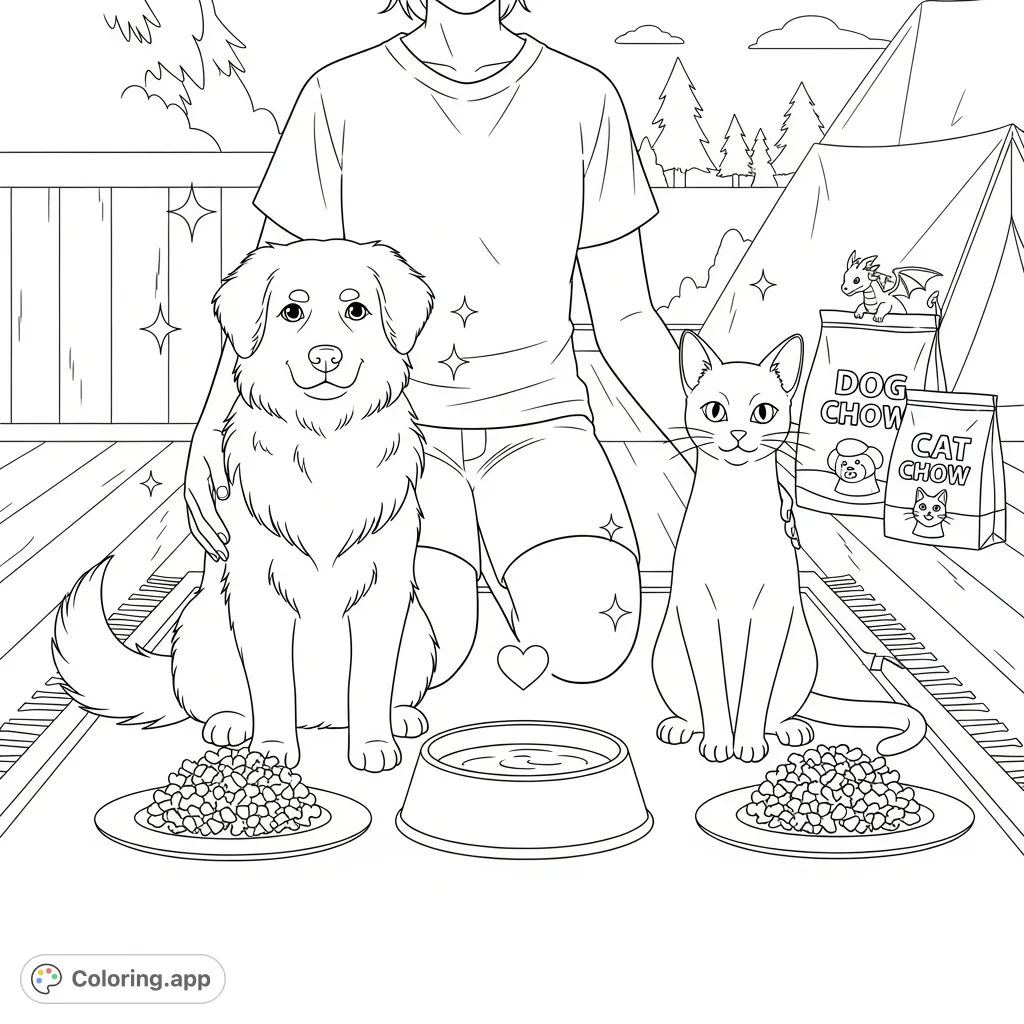 A heartwarming free printable coloring page featuring a cute dog and cat enjoying mealtime with their owner. Perfect for pet lovers of all ages.