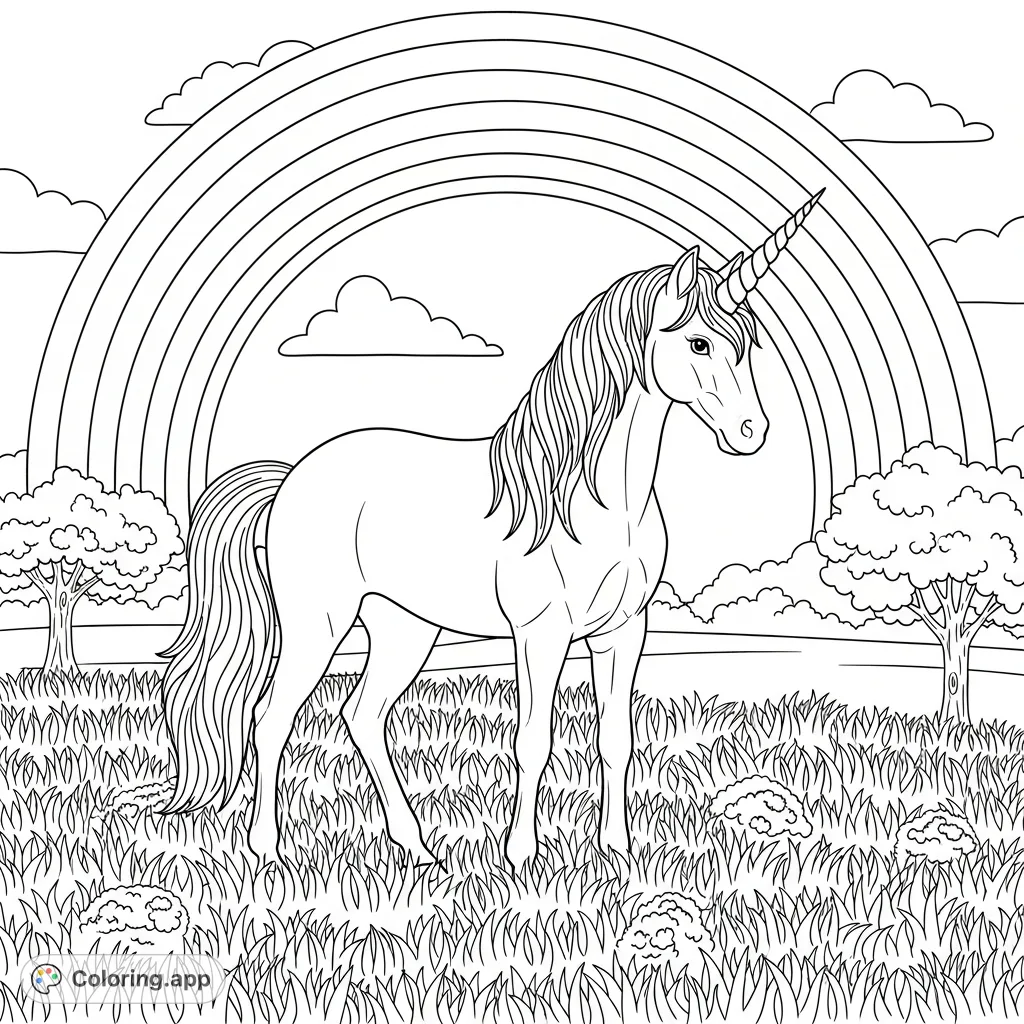 A charming unicorn stands beneath a magnificent rainbow, surrounded by a grassy meadow. Perfect for sparking imagination and creative coloring fun!