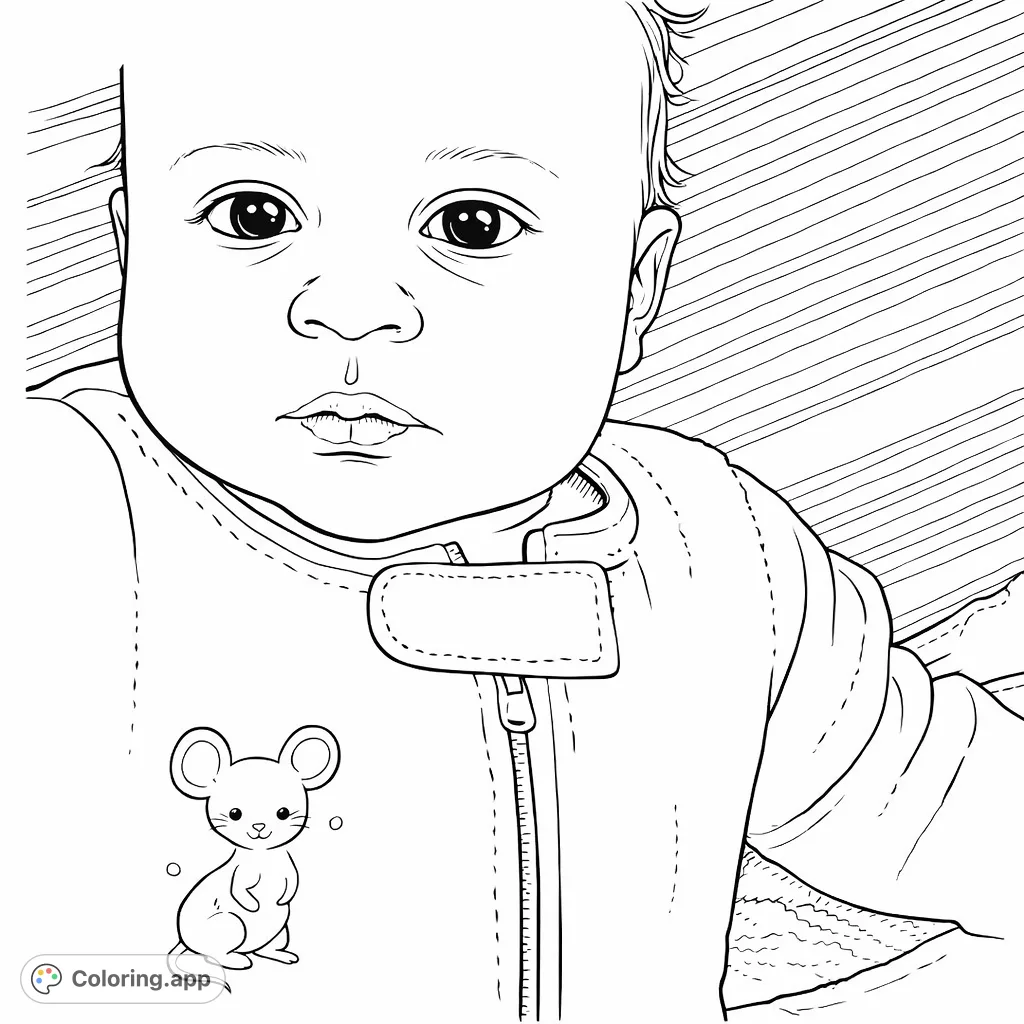 An adorable baby gazes forward, nestled in a soft sleeper with a charming animal design. A perfect, heartwarming coloring page for all ages.