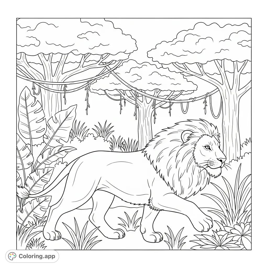 A majestic lion is playfully walking through a lush jungle, its mane and powerful paws detailed for coloring. Perfect for a jungle animals coloring page.