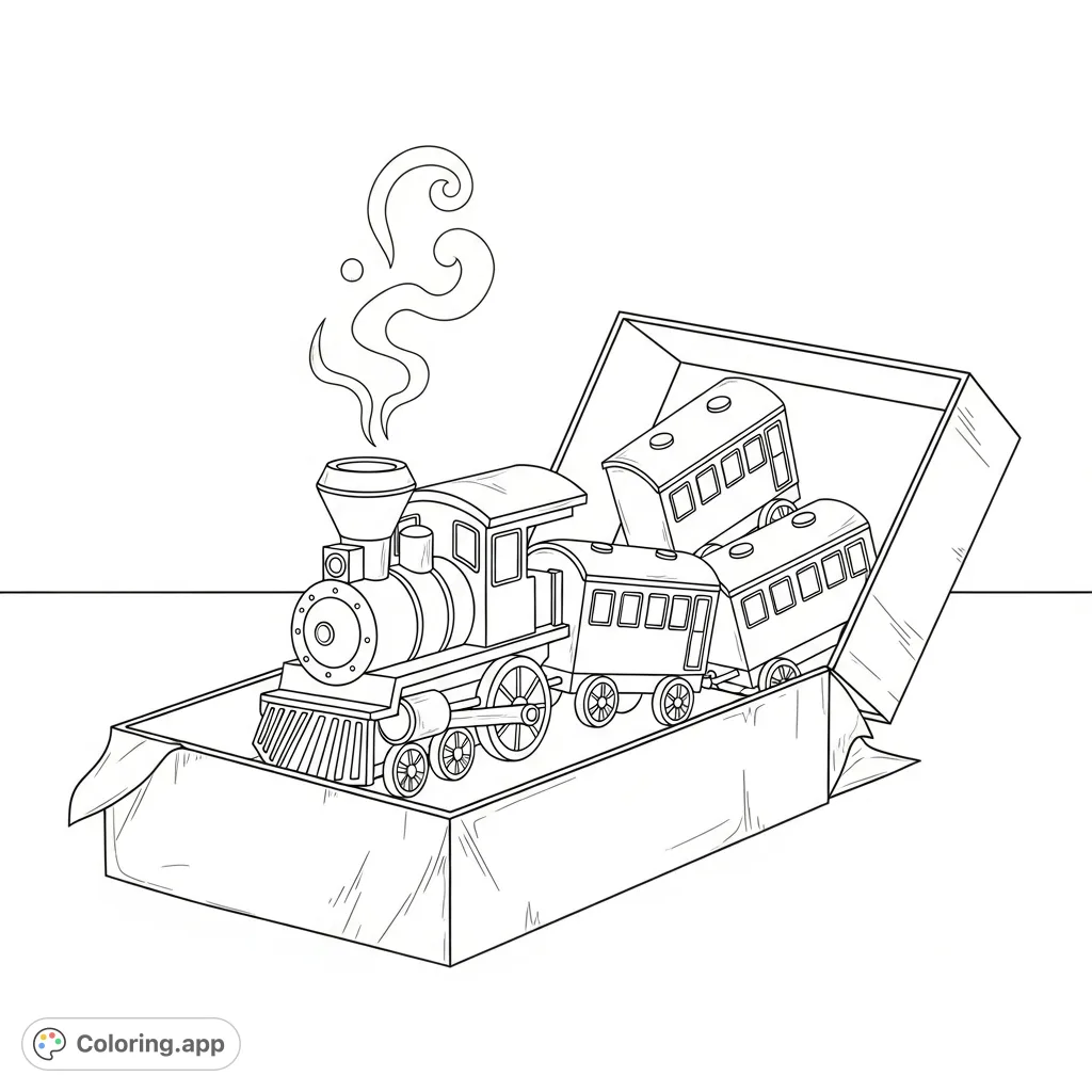 A delightful toy train unloading scene coloring page. Features a miniature train with steam rising from its box, perfect for kids and train enthusiasts.