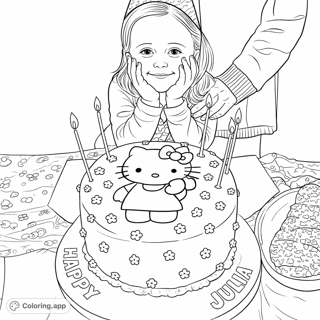 A joyful birthday scene featuring a smiling girl, a delightful cake adorned with a popular cat character and candles, set against a festive patterned background.