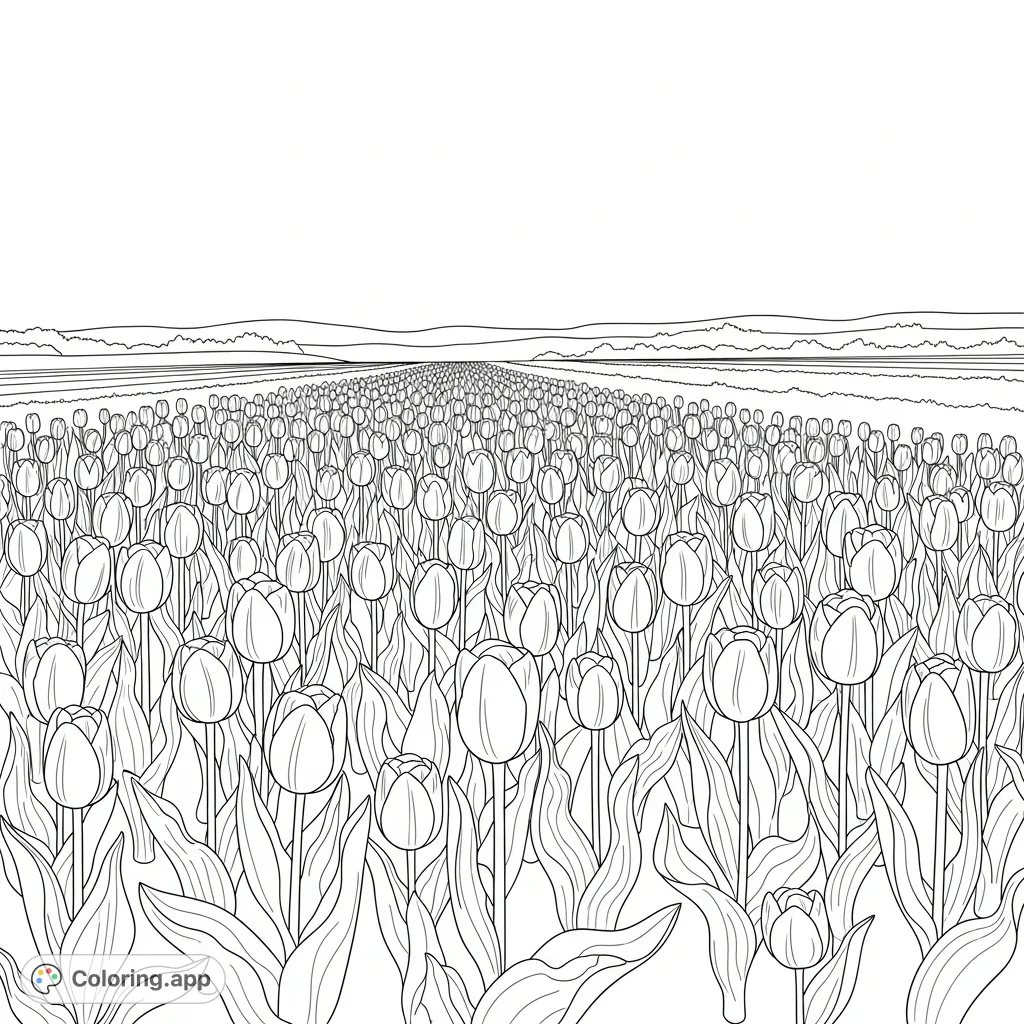 Explore a beautiful spring tulip field coloring page. Rows of delicate tulips stretch under a clear sky, perfect for vibrant spring colors and creative expression.