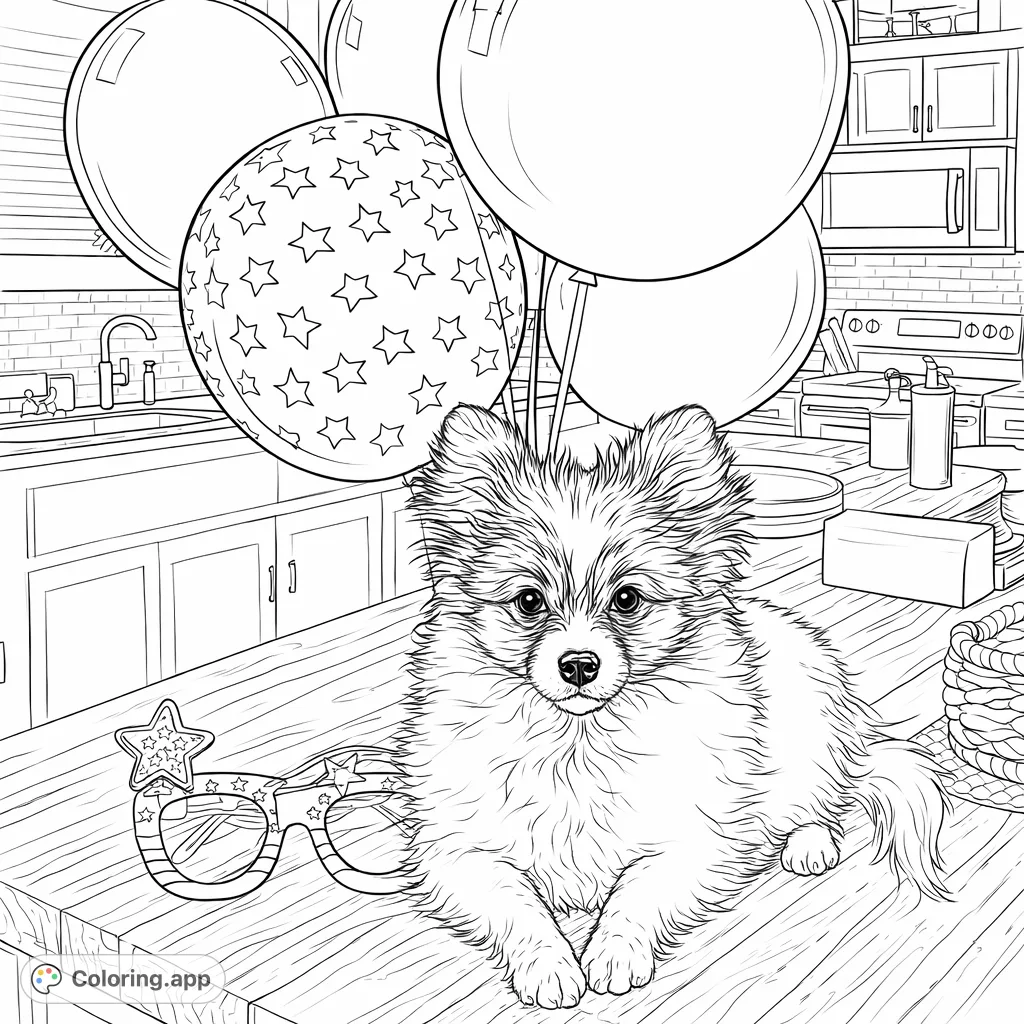 An adorable fluffy puppy poses with festive balloons and fun novelty glasses, ready for a celebration. A charming and delightful scene for all ages.