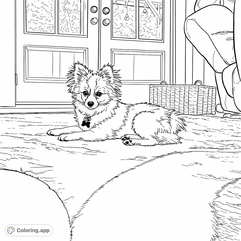 Discover a charming fluffy dog resting on a patterned cowhide rug, with details of a cozy indoor setting. A delightful pet-themed coloring experience.