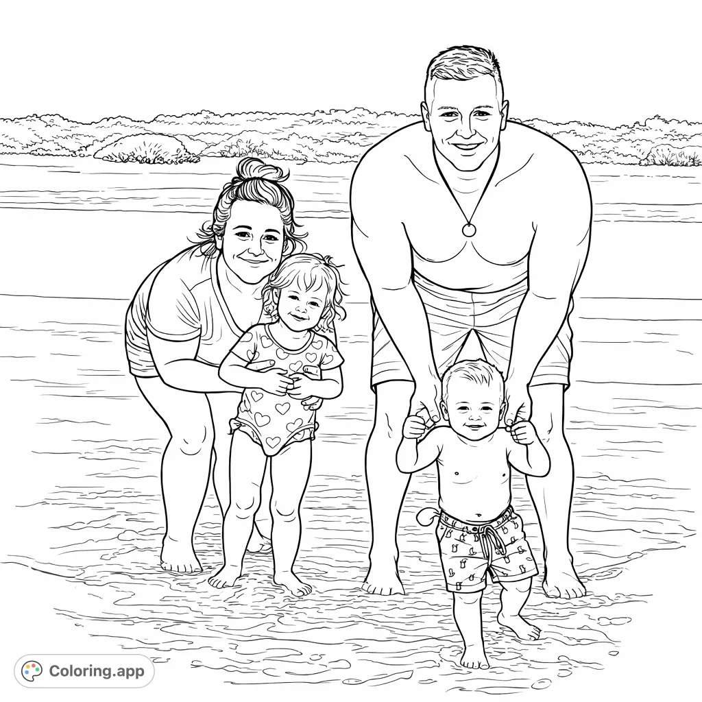 A heartwarming family beach day scene with two adults and two children playing in the shallow waves, perfect for a relaxing and joyful coloring experience.