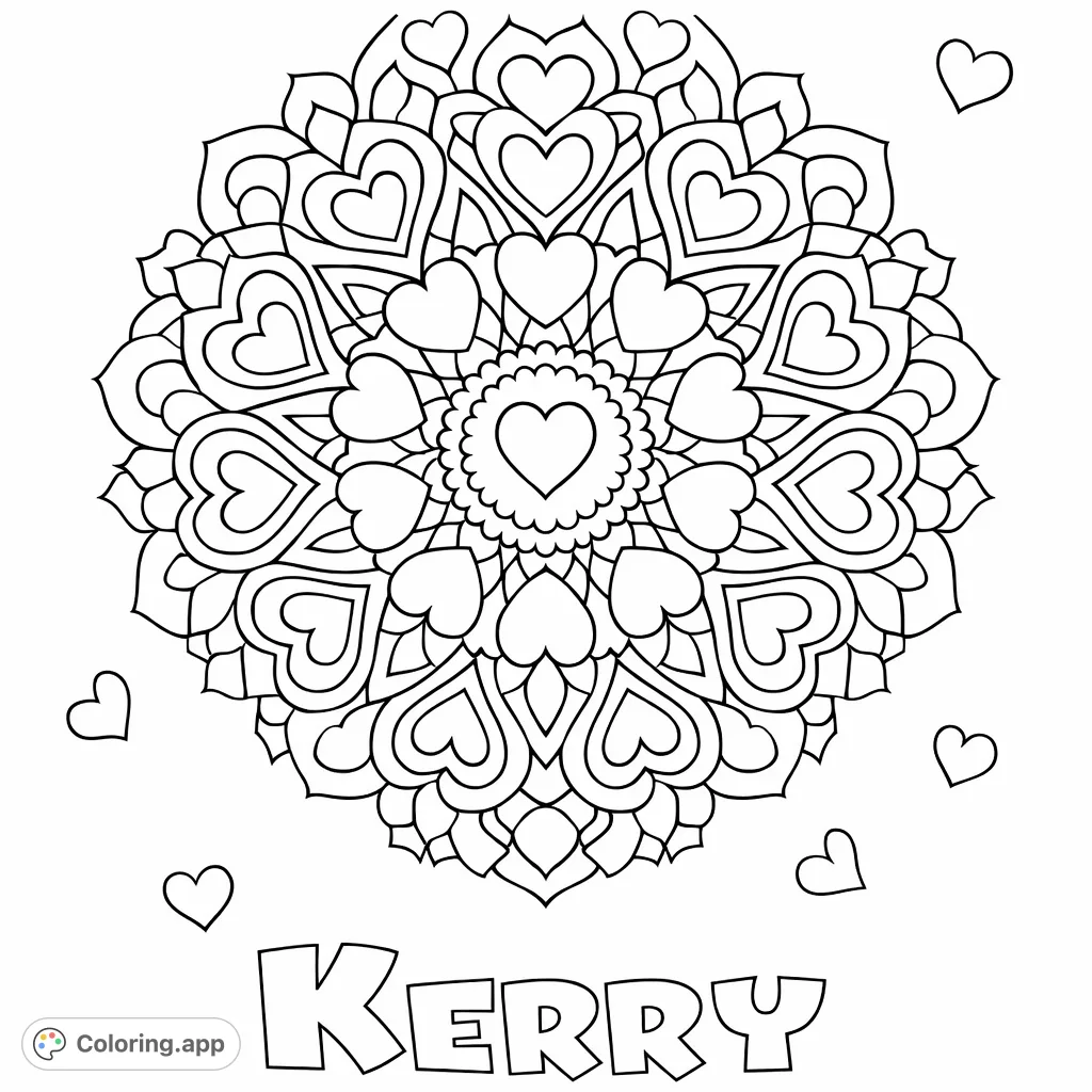 A charming heart mandala design featuring concentric rings of hearts, small scattered hearts, and the name 'Kerry' in playful letters. Perfect for personalized creative expression.