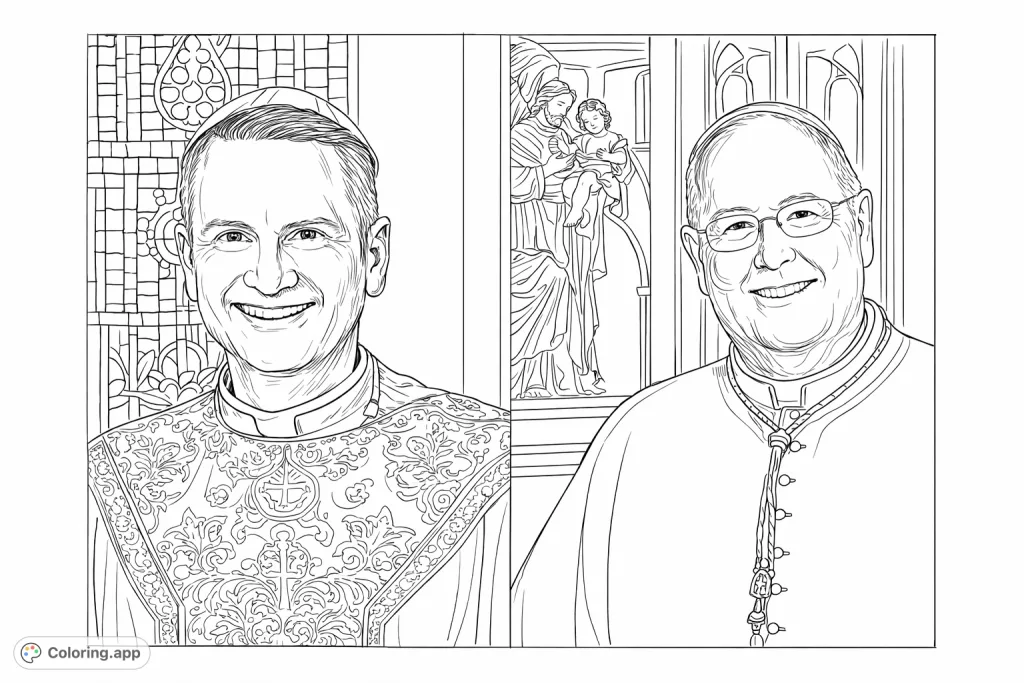 Explore a detailed coloring page featuring two smiling clergymen in elaborate vestments against intricate backgrounds, perfect for mindful reflection.