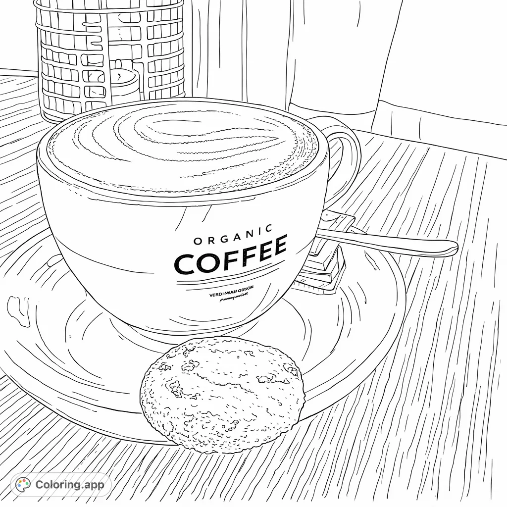A delightful coffee break scene featuring a mug with intricate foam art, a sweet cookie, and a spoon on a wooden table. Perfect for relaxation!