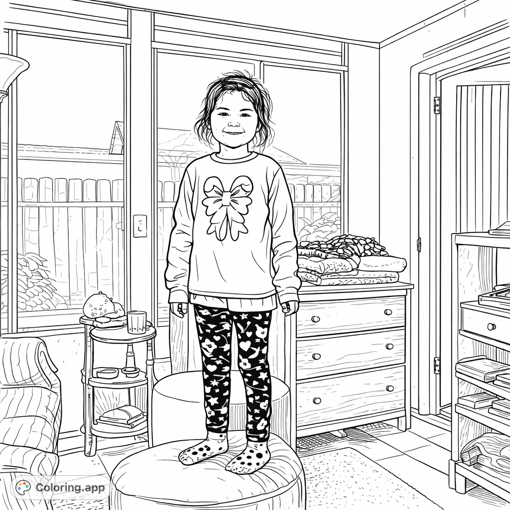 A cheerful child stands on footstools, wearing a festive candy cane bow top and patterned leggings, ready for creative coloring fun in a cozy room setting.