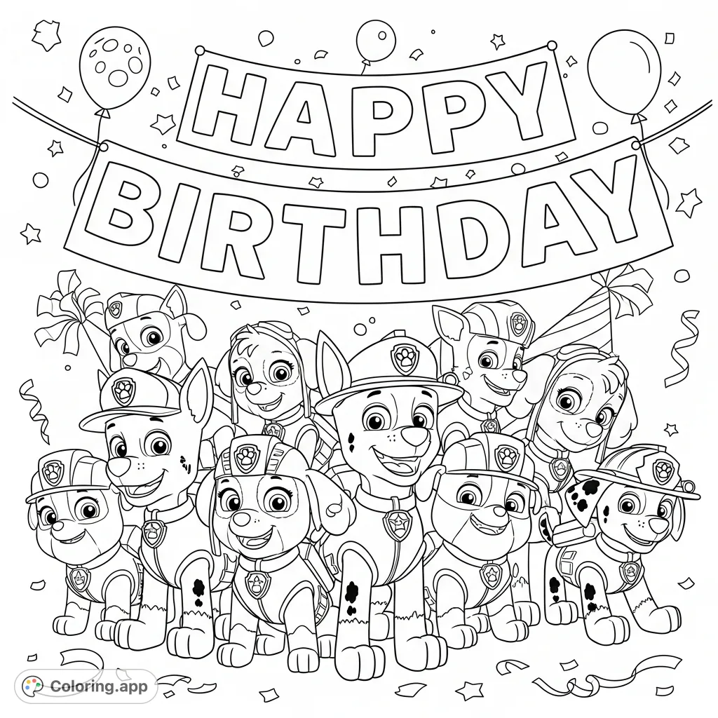 Join the Paw Patrol team as they celebrate with a 'Happy Birthday' banner! A fun, festive coloring page for kids and Paw Patrol fans.