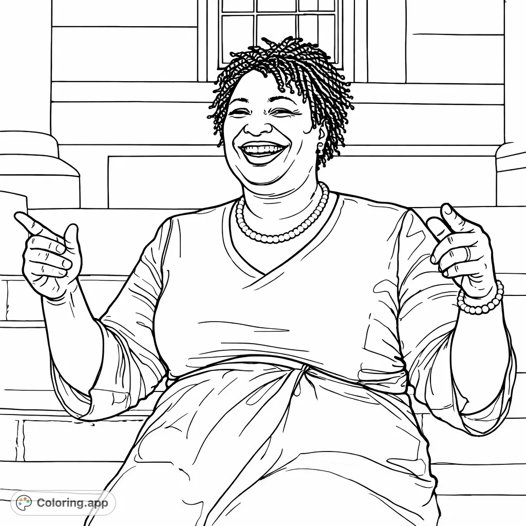 A vibrant portrait of a joyful woman with textured hair and a beaming smile, set against a structured stone background. A compelling figure to bring to life.