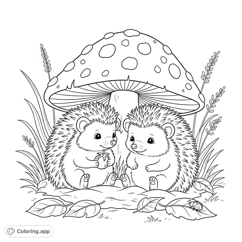 Discover two adorable hedgehogs sharing a berry under a charming mushroom in a whimsical forest. A sweet, free printable coloring page perfect for nature lovers and kids.