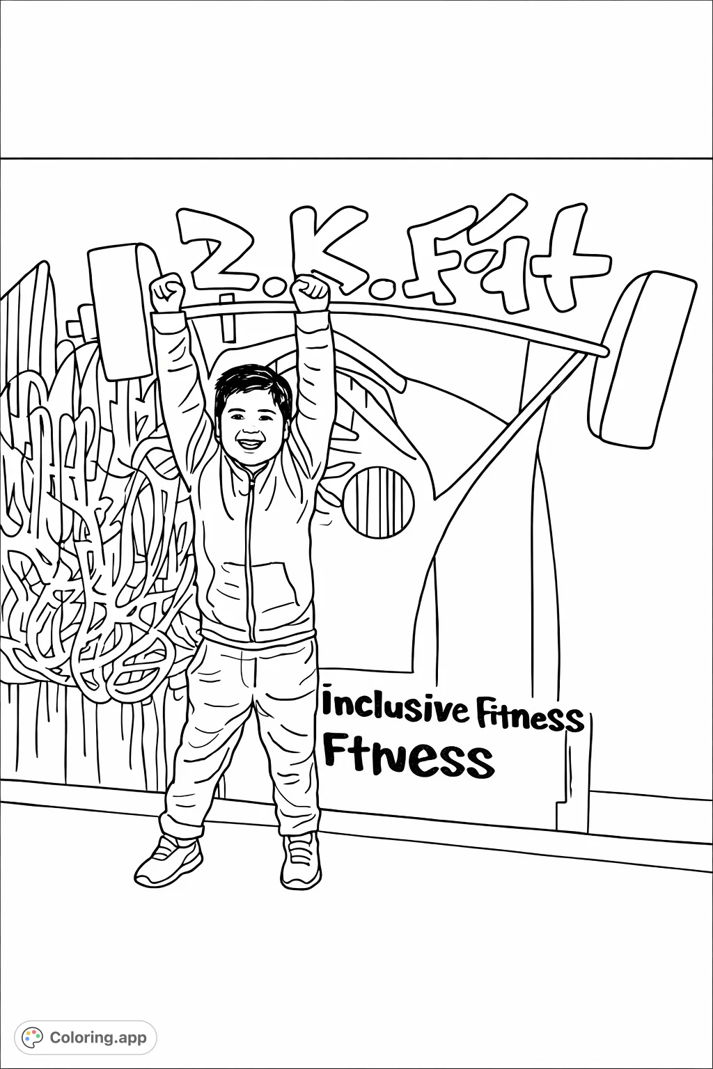 A cheerful boy triumphantly raises his arms in front of a fitness mural with a barbell design, celebrating strength and positive movement.