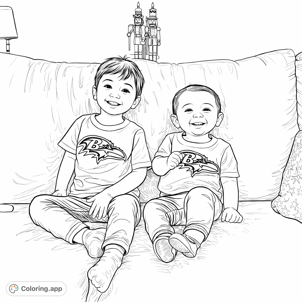 A heartwarming coloring page featuring two smiling siblings sitting on a cozy sofa, with a decorative background. Perfect for family-themed fun.