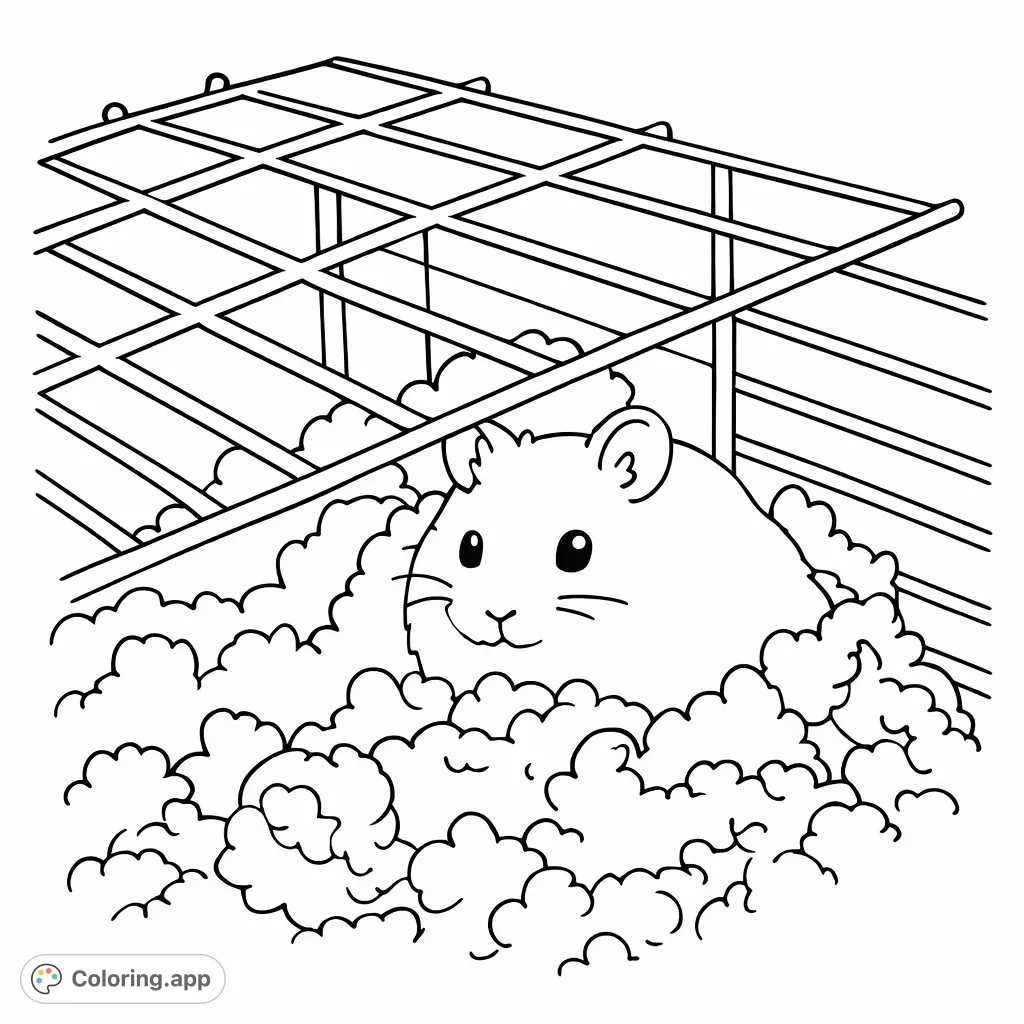 A charming hamster peeks from a soft bed of shredded material inside a wire cage. A simple and adorable scene, perfect for young artists to color and enjoy.