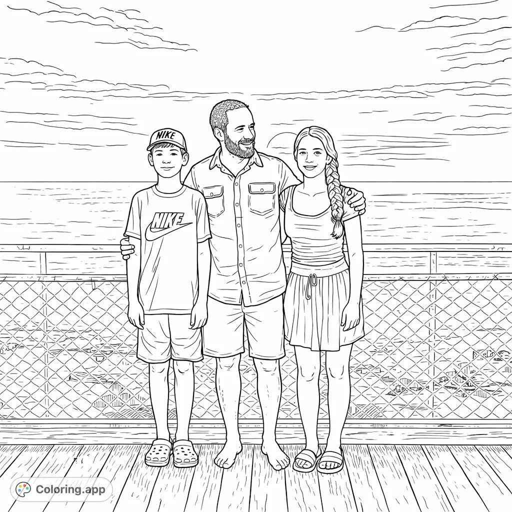 A heartwarming family coloring page featuring a man, a boy, and a girl on a pier, overlooking the ocean under a magnificent sky.