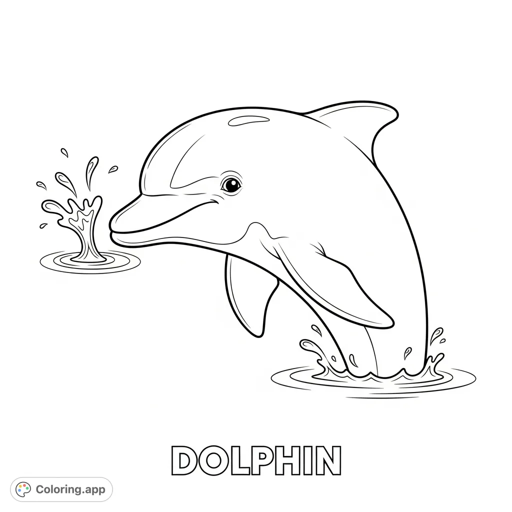 A delightful dolphin leaps from the ocean, surrounded by a playful splash. A wonderful free printable dolphin coloring page for all ages!