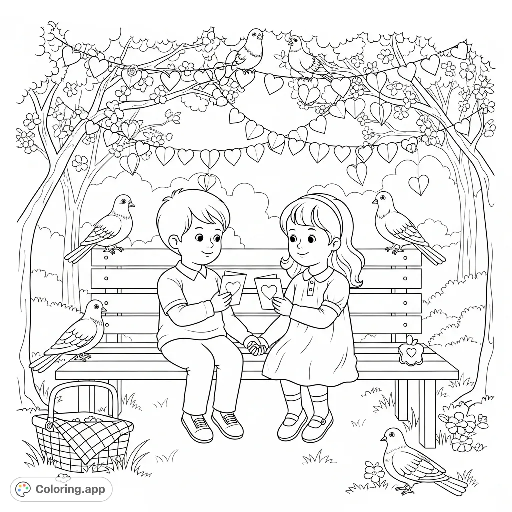 Capture a sweet moment with a romantic scene coloring page. Two children exchange heart cards on a park bench, surrounded by blooming trees and doves.
