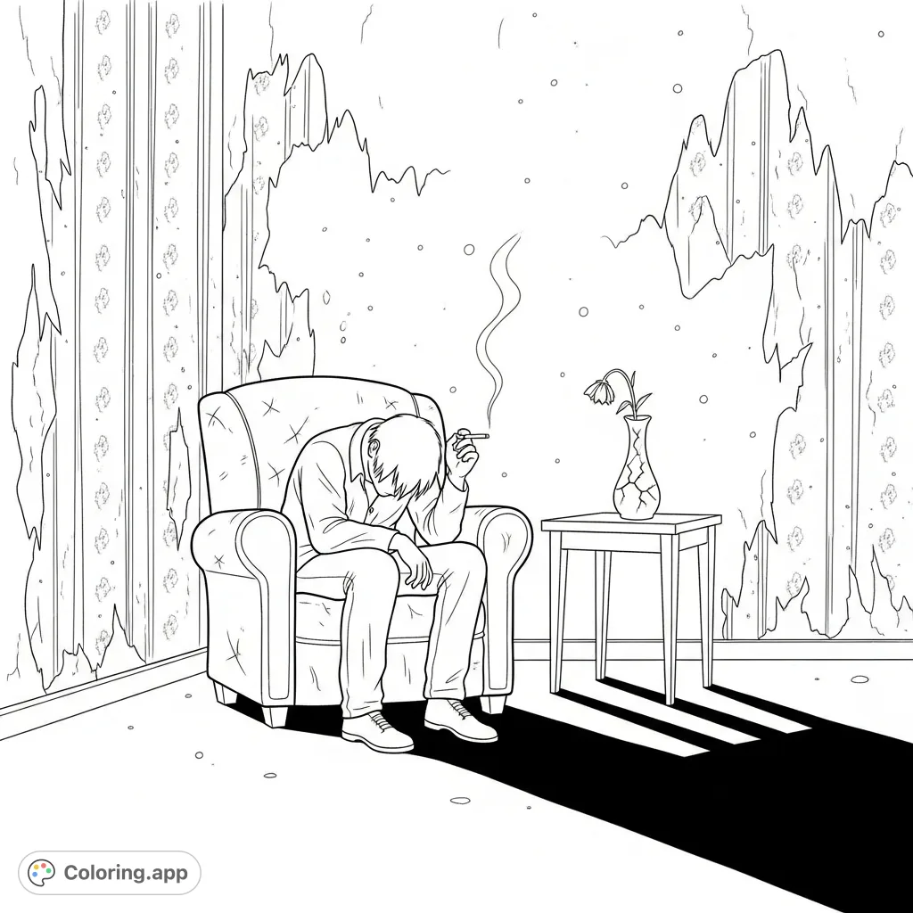 An introspective solitary figure slumped in a worn armchair, surrounded by peeling wallpaper, a wilting flower, and delicate smoke. A poignant scene for adult colorists.