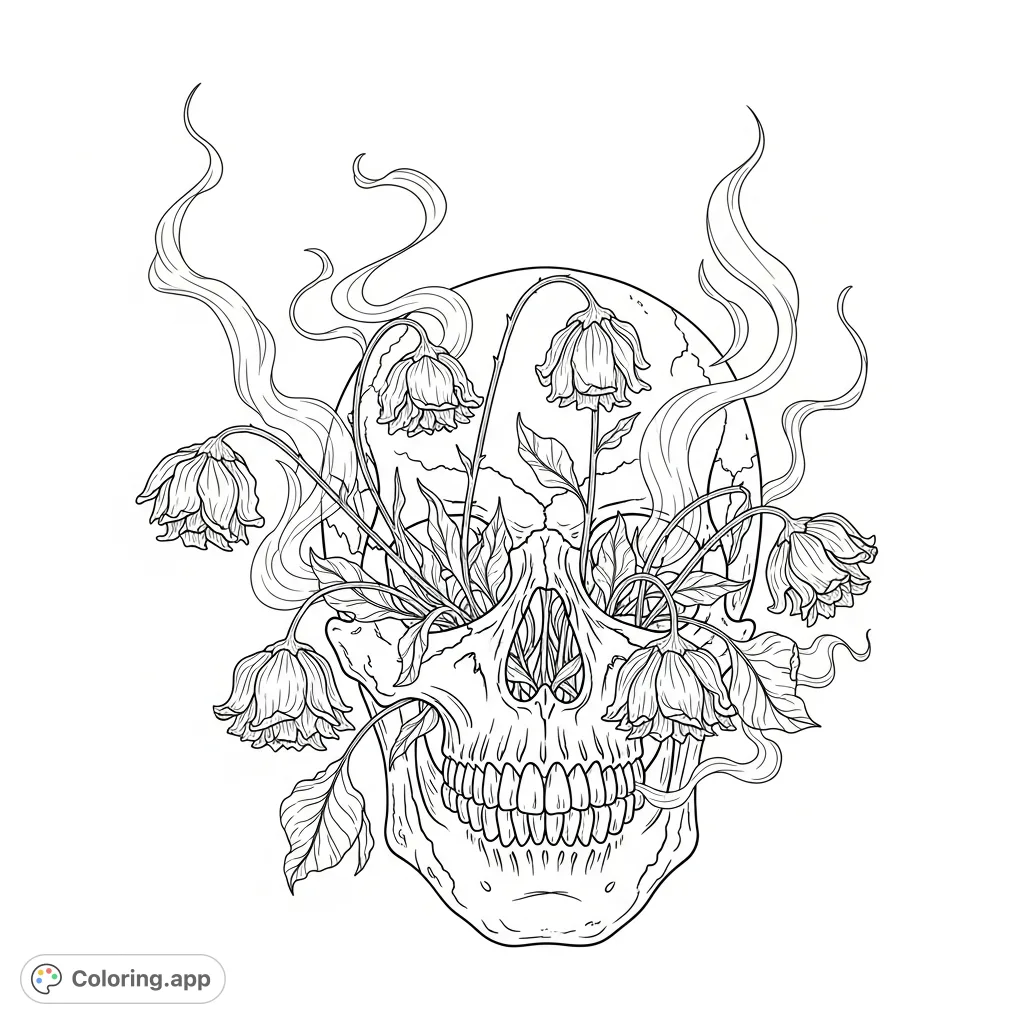 An intricate skull coloring page featuring a weathered human skull with desiccated flowers and ethereal smoke, perfect for artistic expression.