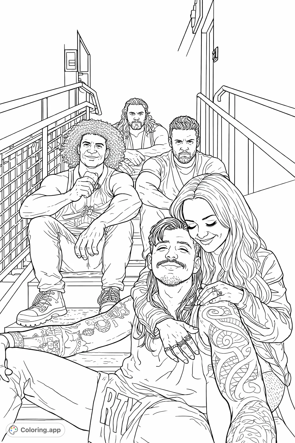 A dynamic group of five individuals, including heavily tattooed figures and a muscular person, pose on a stark industrial stairwell. Perfect for intricate coloring.