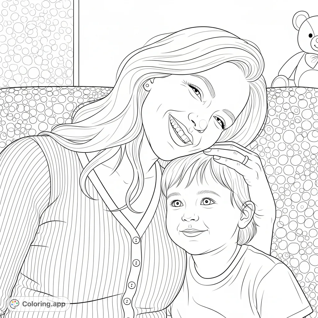 Capture a heartwarming close-up of a woman and child sharing a tender moment on a patterned sofa. A beautiful, free printable bond coloring page.