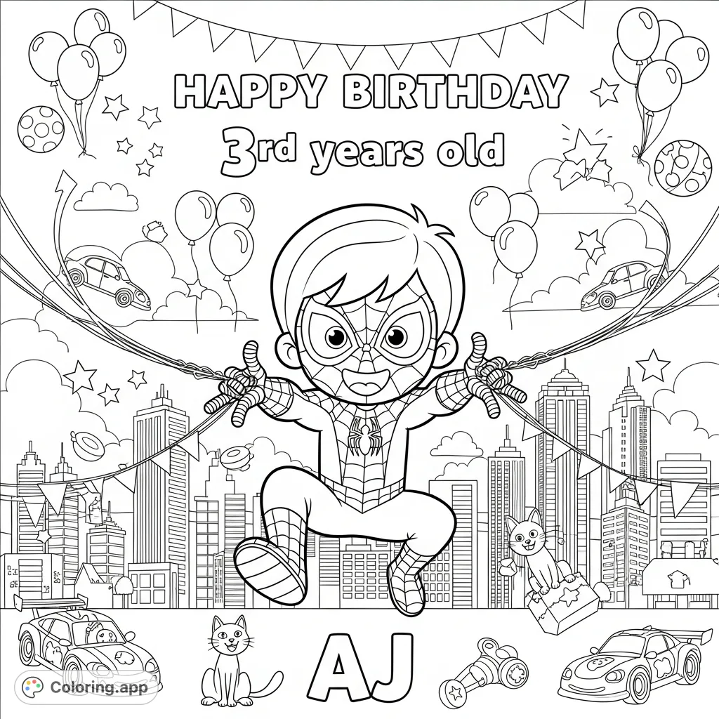 Celebrate AJ's 3rd birthday with this dynamic Spider-Man coloring page! A cheerful AJ swings through a festive city, surrounded by balloons and streamers.