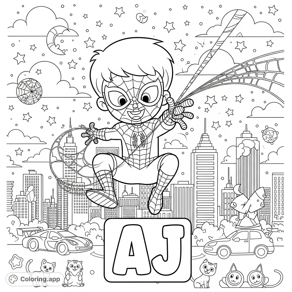AJ, a cheerful boy depicted as Spider-Man, swings dynamically through a detailed cityscape. Features clouds, stars, and his name 'AJ' in blocky font.