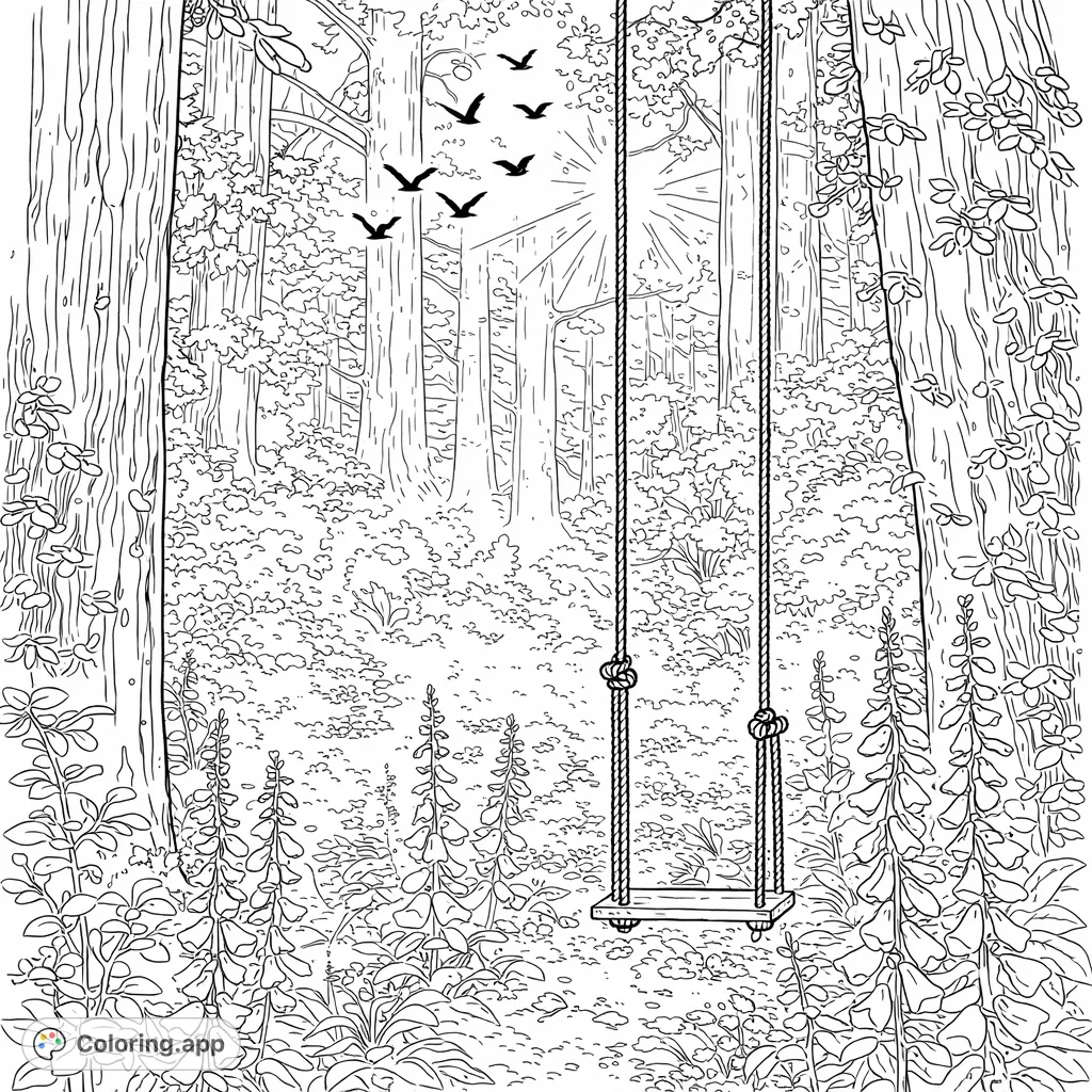 Immerse yourself in an enchanted forest scene featuring towering trees, delicate flowers, and a serene swing, perfect for mindful coloring.