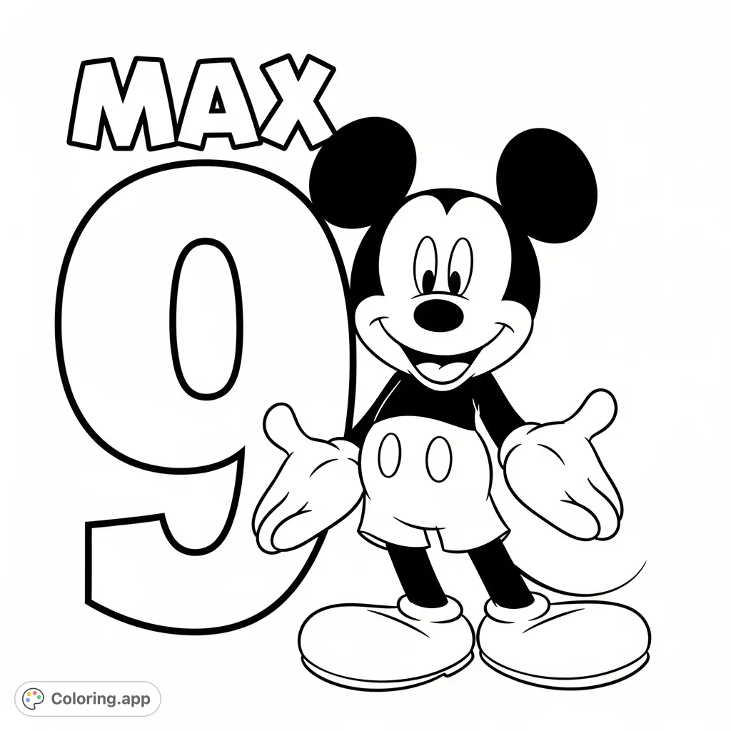 A cheerful Mickey Mouse stands beside a large number 9, with the name Max prominently displayed. Perfect for birthdays, personalized gifts, and fun!