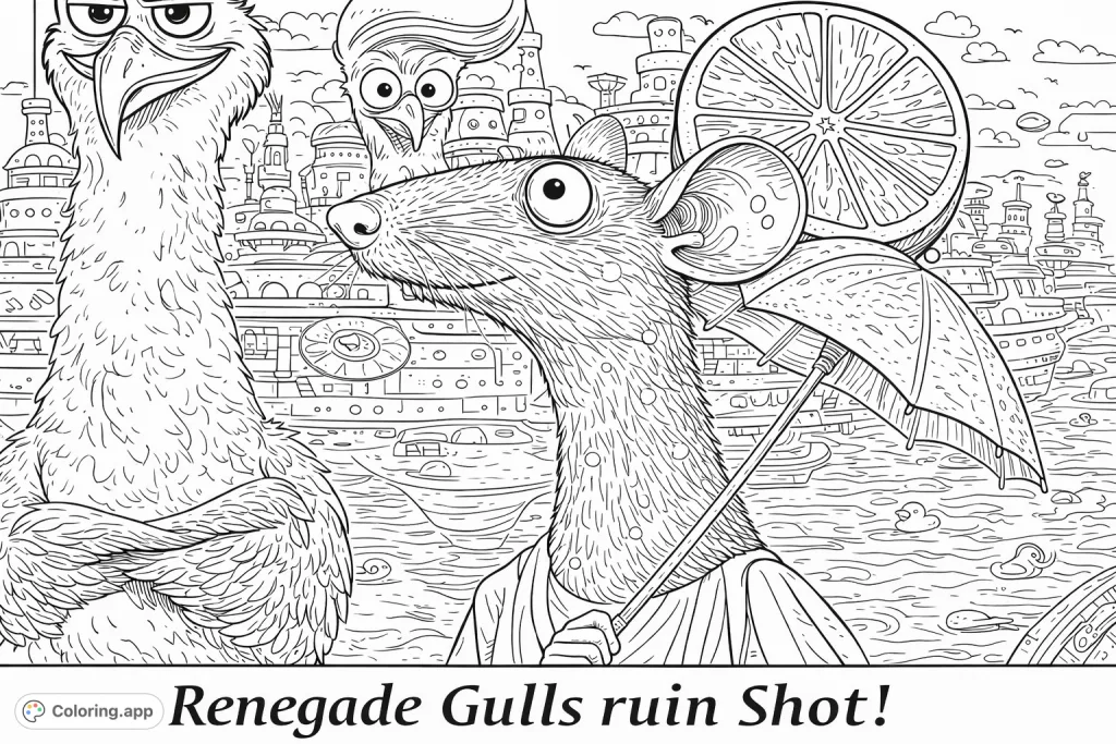 Dive into a whimsical city scene with a surprised rat, a grinning bird, and quirky architecture. A detailed fantasy world awaiting your creative touch.