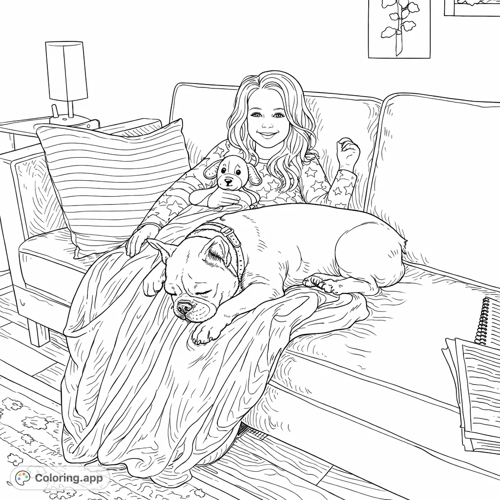 A heartwarming free printable coloring page featuring a girl cuddling with her peacefully sleeping dog on a comfortable sofa, celebrating companionship.