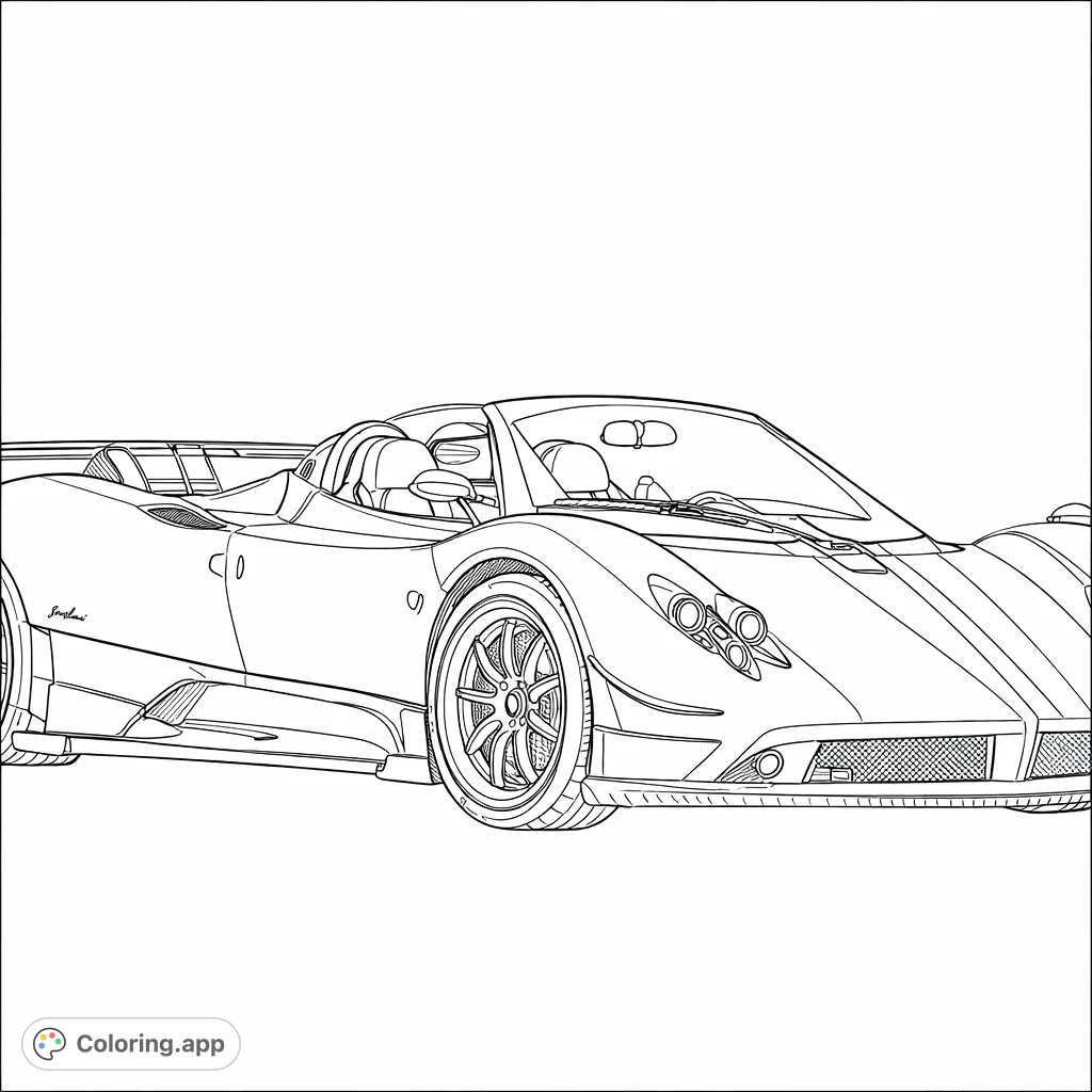 Experience the thrill of a high-performance sports car. This dynamic convertible features sleek lines, detailed wheels, and a dramatic sky, ready for your artistic touch.