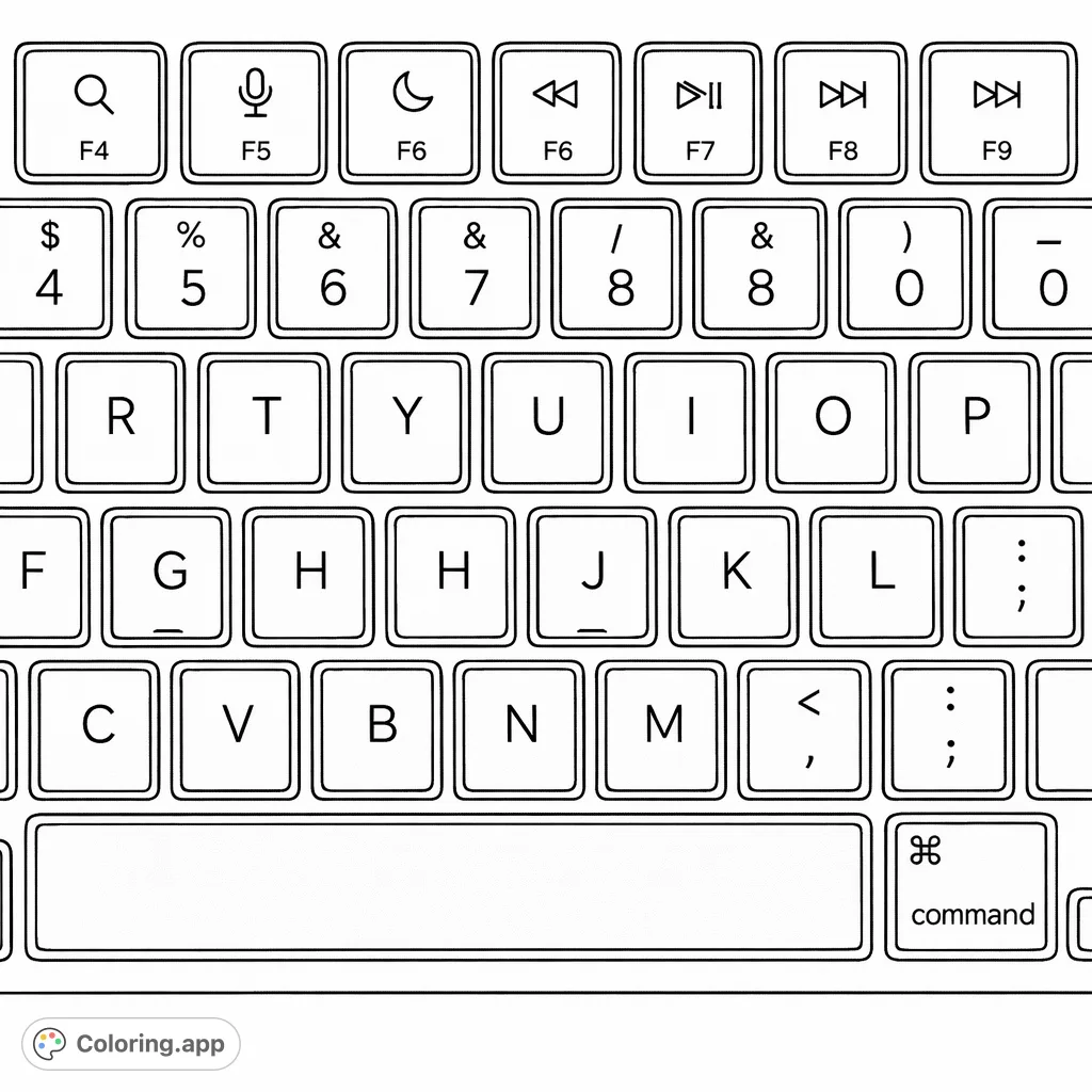 Explore an intricate computer keyboard layout coloring page, featuring detailed keys, letters, and symbols. A free printable for tech and design enthusiasts.