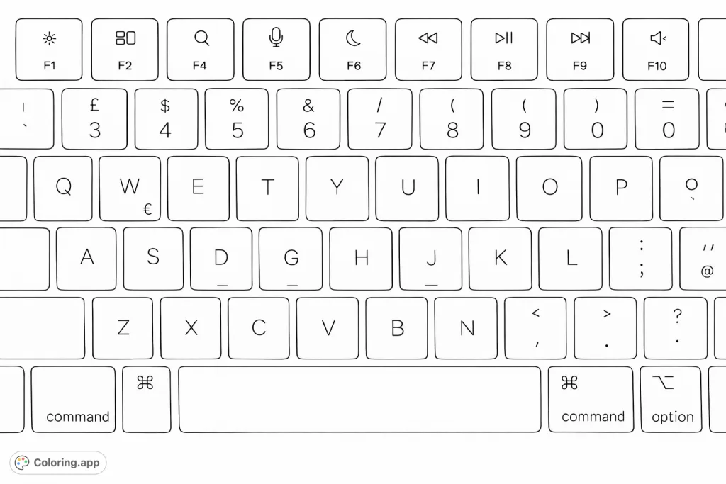 Explore a detailed computer keyboard coloring page, featuring a full QWERTY layout with letters, numbers, and symbols for a unique creative challenge.