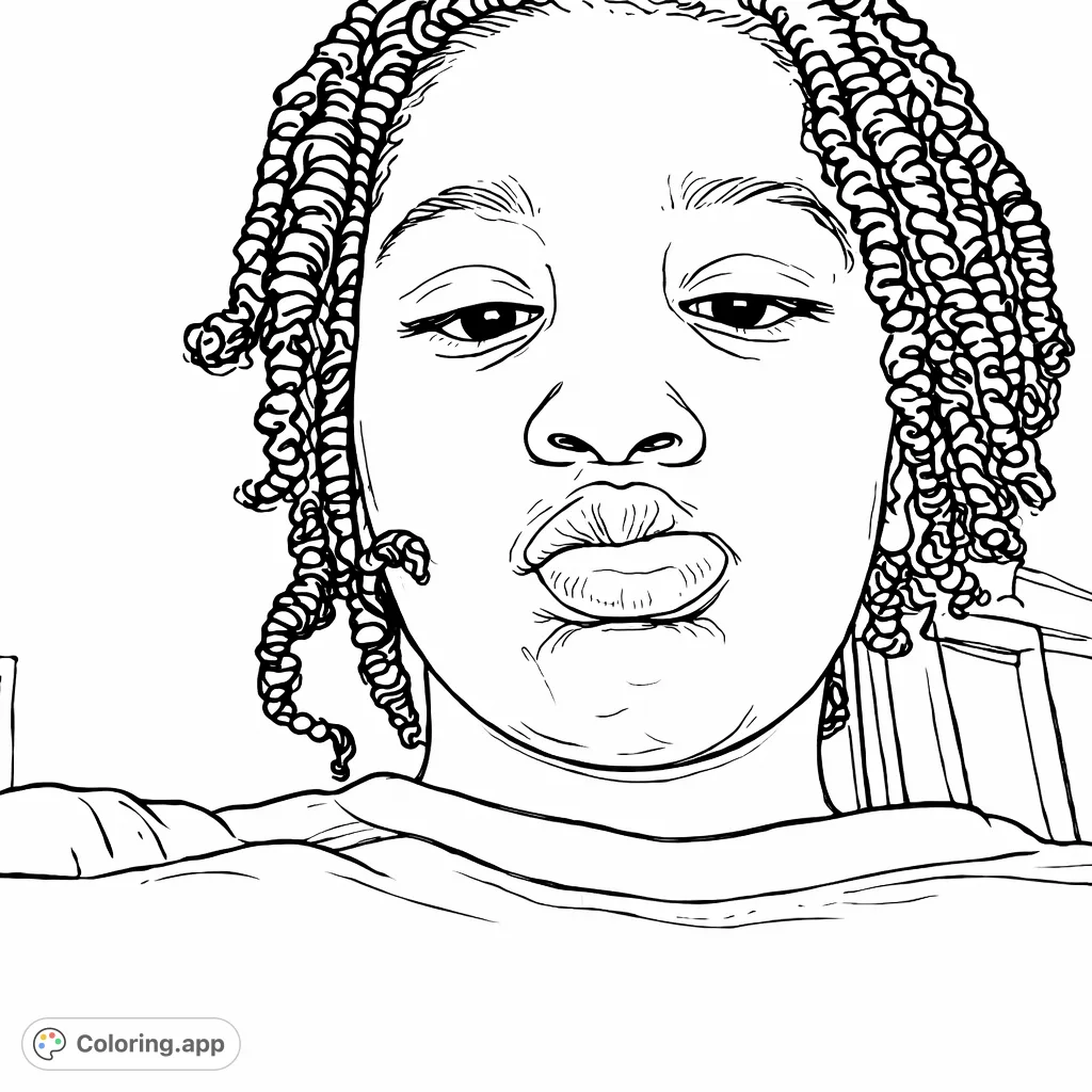 Color a captivating portrait featuring a person with textured braided hair and an expressive pout. An engaging page for all ages to personalize.