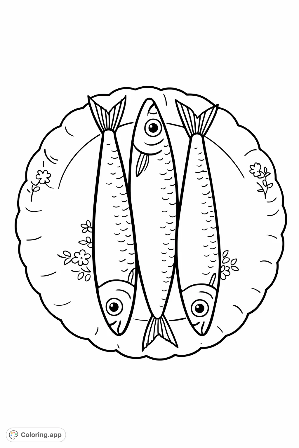 Dive into a fun fish coloring page featuring three cartoony sardines on an elegant plate. Perfect for a relaxing creative session.