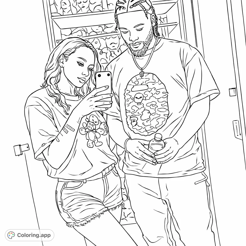 Capture a contemporary moment with this modern couple taking a mirror selfie. Features detailed clothing patterns, accessories, and a unique textured background.