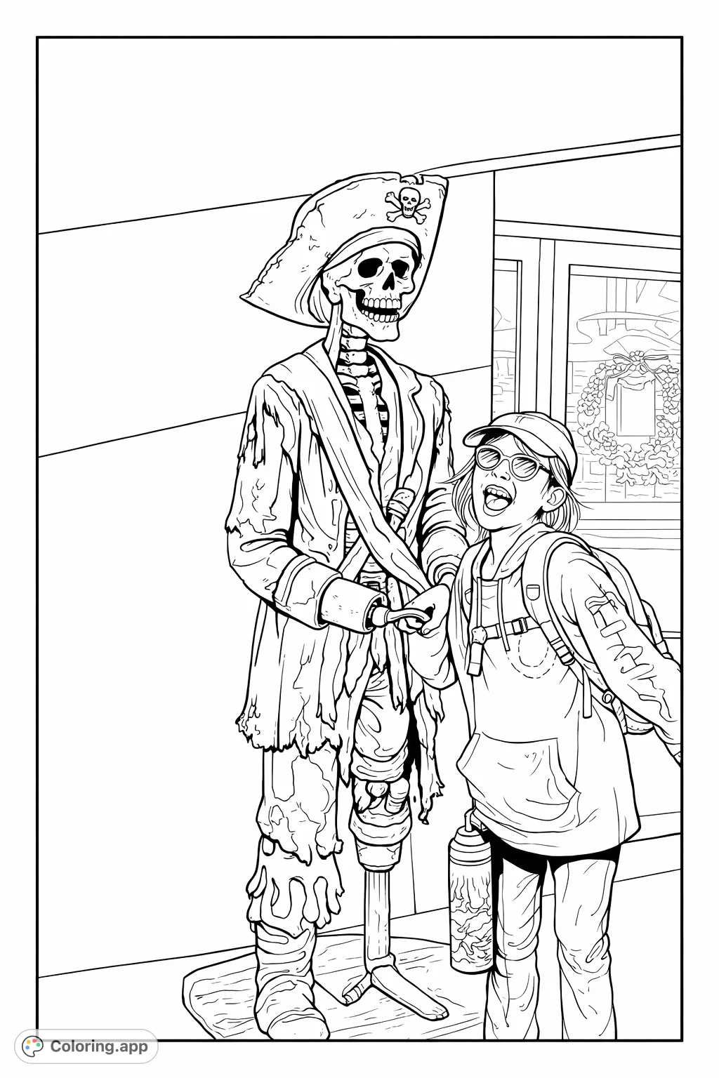 A cheerful child poses with a skeletal pirate figure, complete with a tricorn hat and hook hand, against a striped wall backdrop. Perfect for adventure lovers!