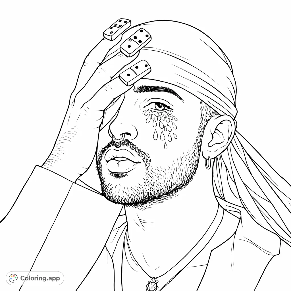 An intricate coloring page featuring a stylized portrait with unique domino nail art, sparkling face gems, and detailed accessories.