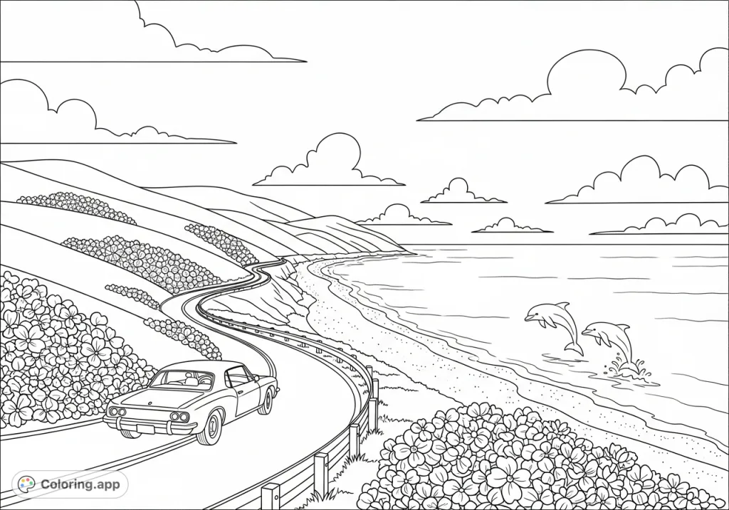 Explore a picturesque oceanfront drive with a classic car, rolling hills, and playful dolphins leaping from the waves, perfect for a serene escape.