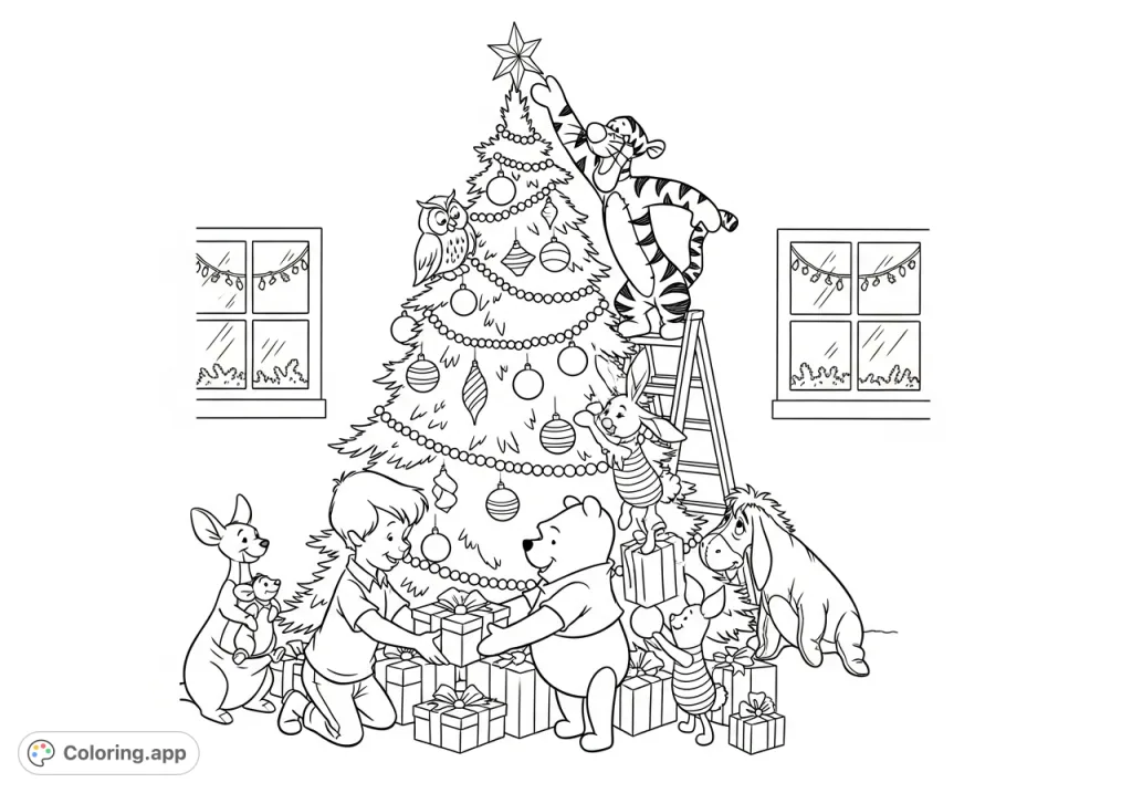 Join Winnie the Pooh and friends as they decorate a festive Christmas tree. Tigger places the star while Christopher Robin adds presents.