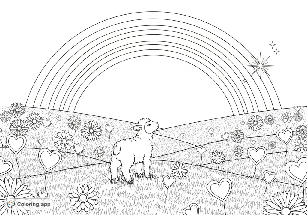 A cheerful scene with a grand rainbow, a sparkling twinkle, and a curious lamb on rolling hills adorned with pretty flowers and hearts.