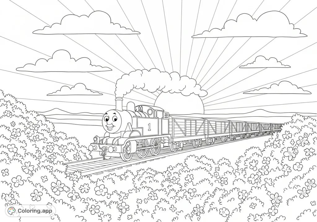 Join Thomas the train on an exciting freight journey through a cheerful landscape of bushes, flowers, and a sunny sky. A delightful coloring adventure!