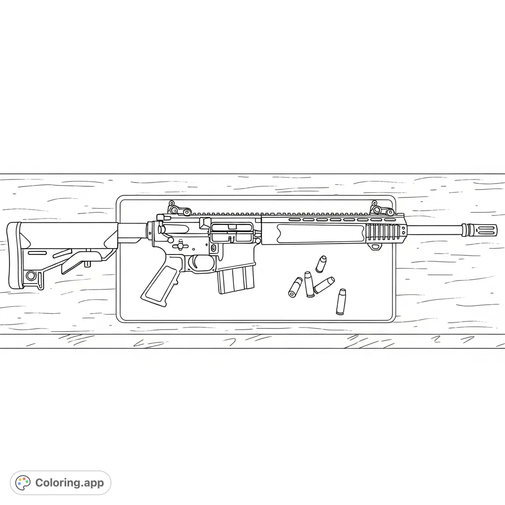 Explore the intricate details of a modern sporting rifle resting on a workbench, complete with scattered shell casings and a cleaning mat outline. An engaging design for enthusiasts.